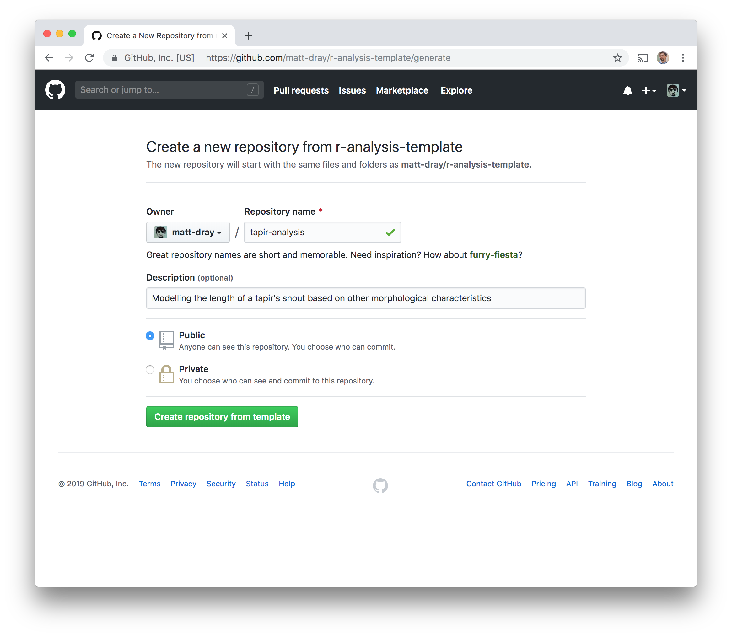 Screenshot of the GitHub page for creating a repository from the template